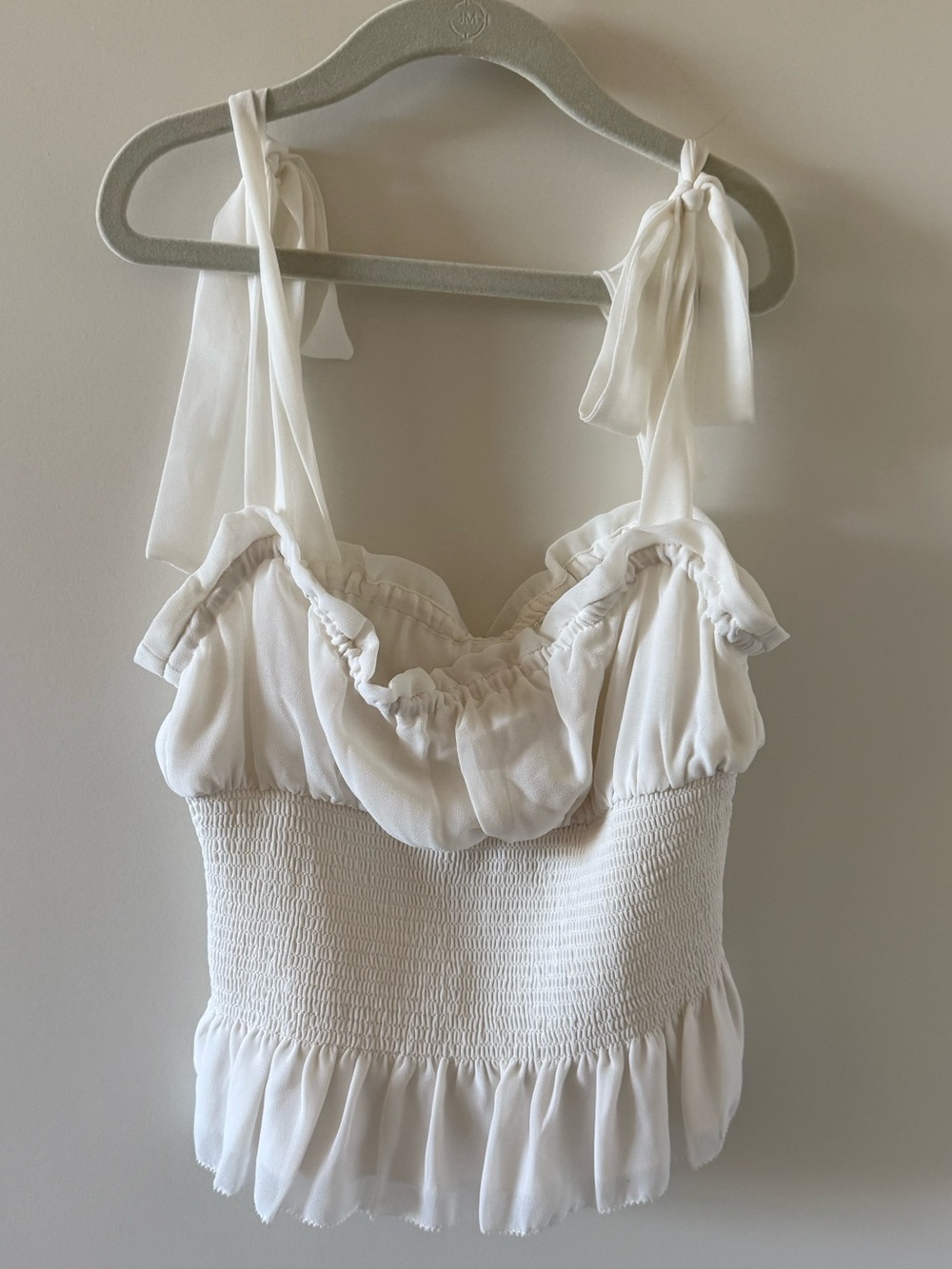 Aritzia Wilfred White Tie-Shoulder Ruffle Smocked Ballad Camisole light birch